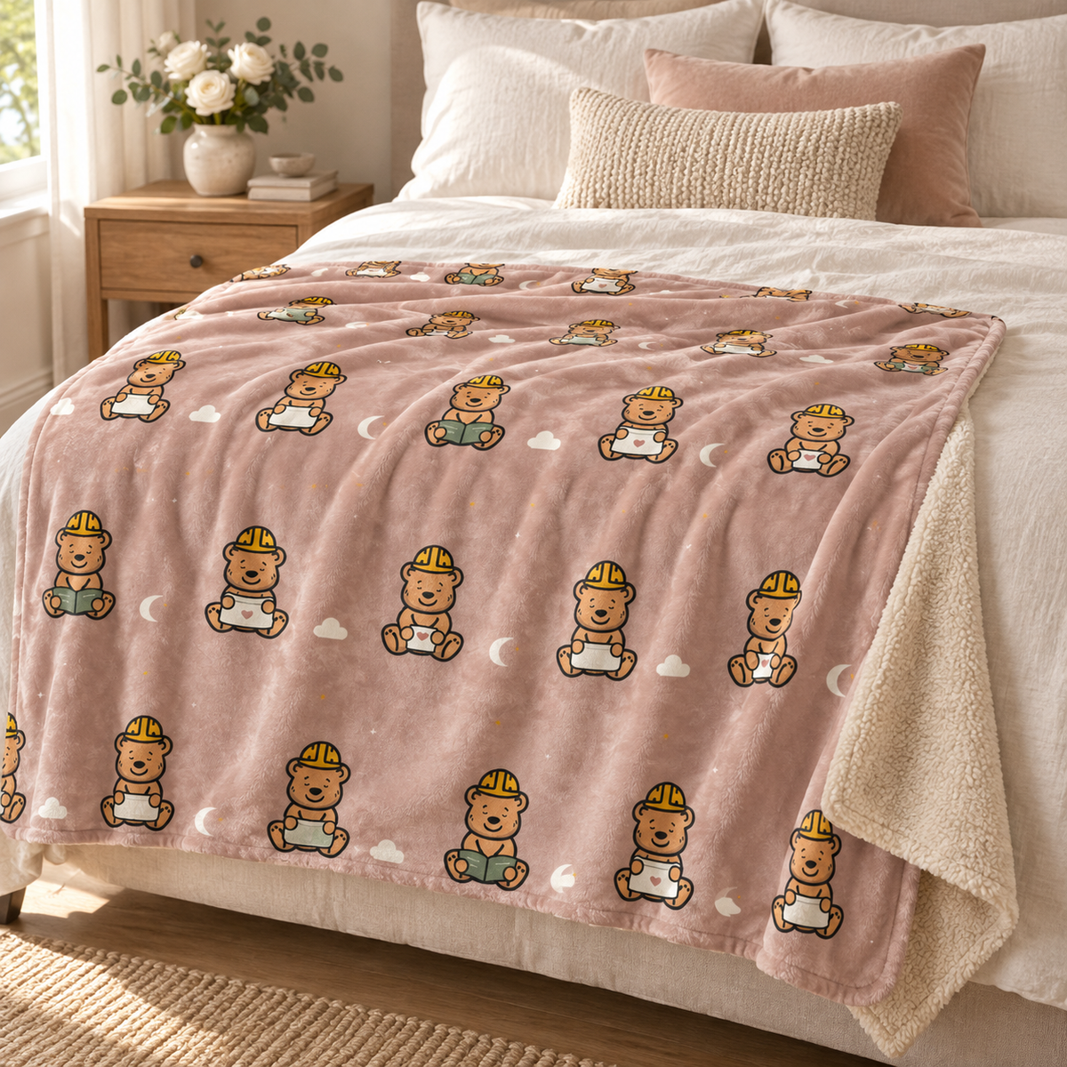 sleepy tee bear sherpa throw blanket dusty blush 50 60 — bedroom styling mockup.