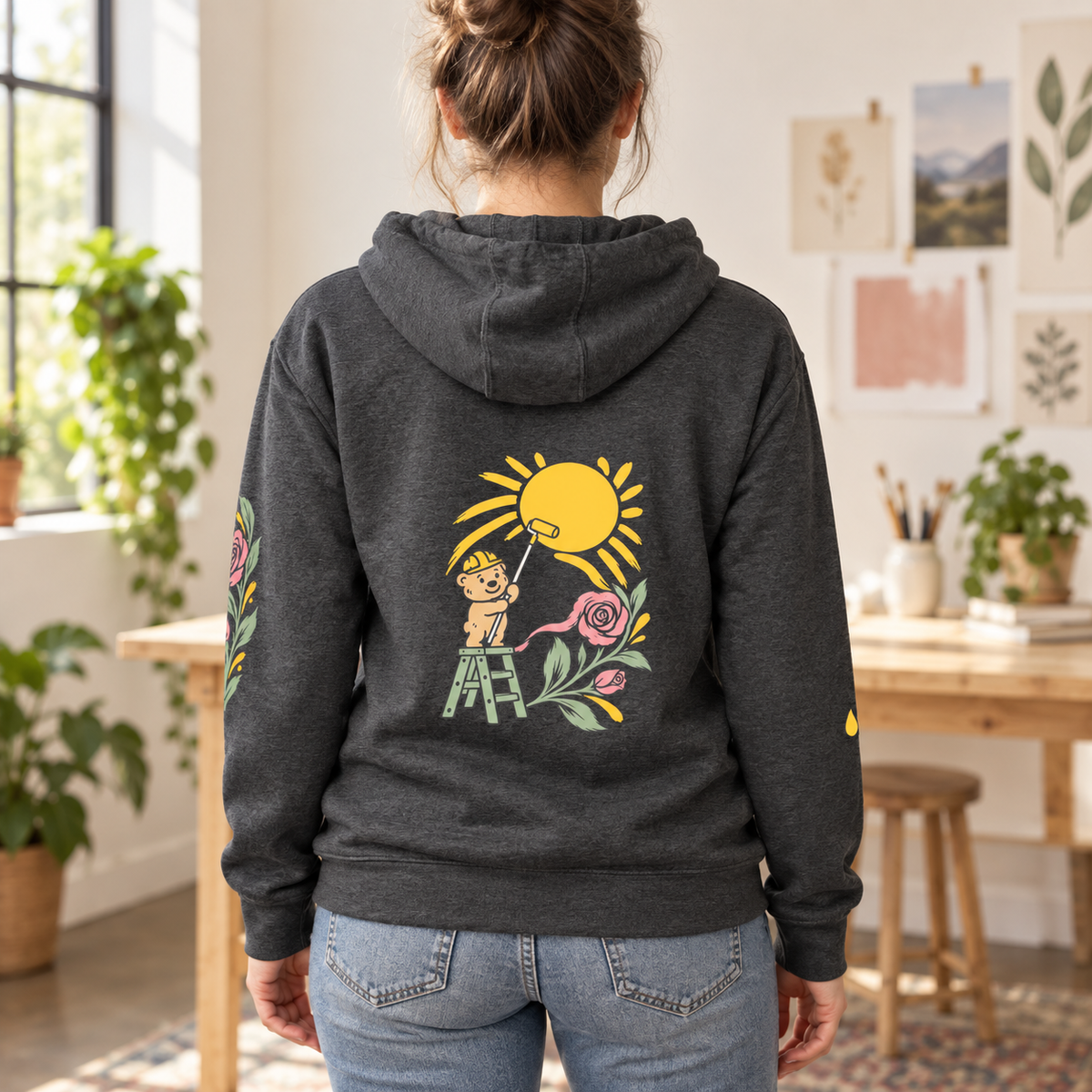 Making Room Rose & Sun Graphic Hoodie — Charcoal Heather — back lifestyle view