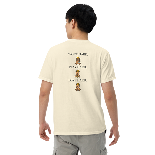 Model wearing the Ivory Work Hard Three Bears relaxed-fit T-shirt, showing the back slogan and three helmeted bears with a laptop, basketball, and heart.