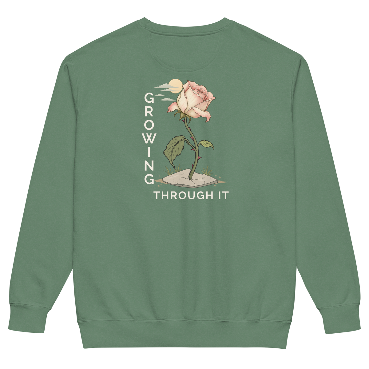 Back supplier mockup showing the complete Growing Through It rose artwork on the Light Green crewneck