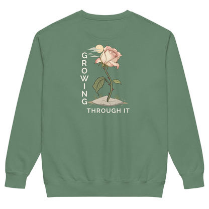 Back supplier mockup showing the complete Growing Through It rose artwork on the Light Green crewneck