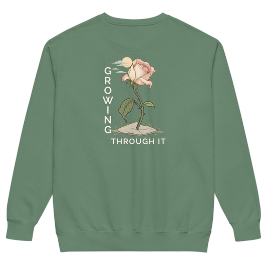 Back supplier mockup showing the complete Growing Through It rose artwork on the Light Green crewneck