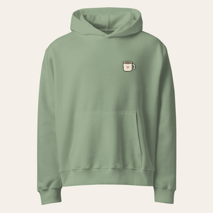 Nothing Urgent oversized hoodie in Sage, front supplier mockup with heart mug on left chest