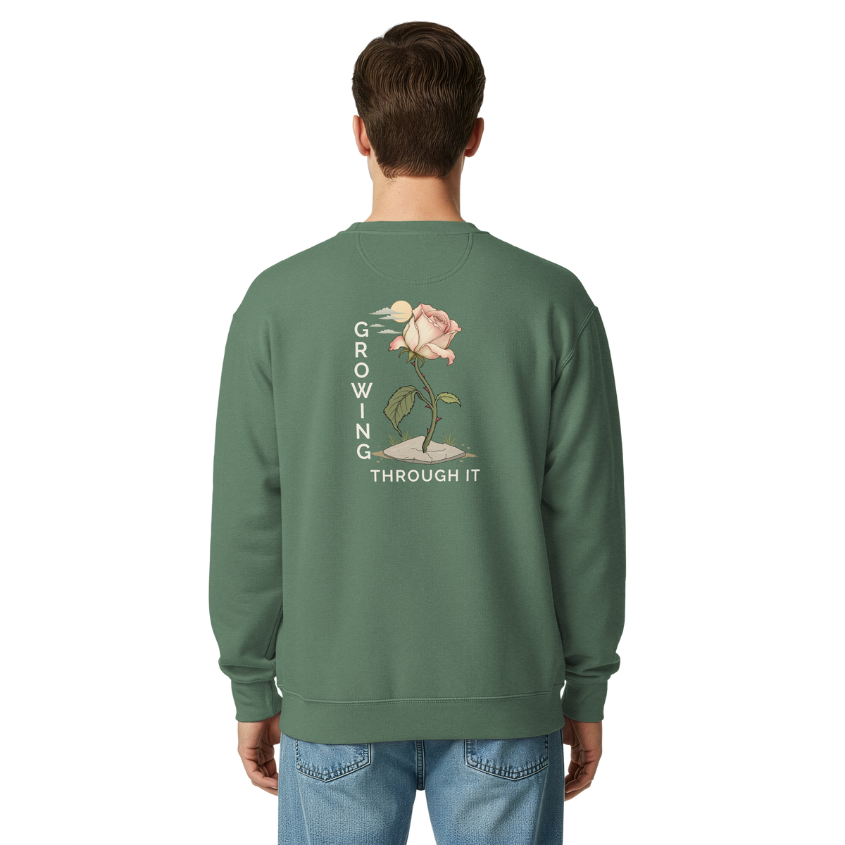 Male-model back supplier mockup of the Light Green rose graphic crewneck