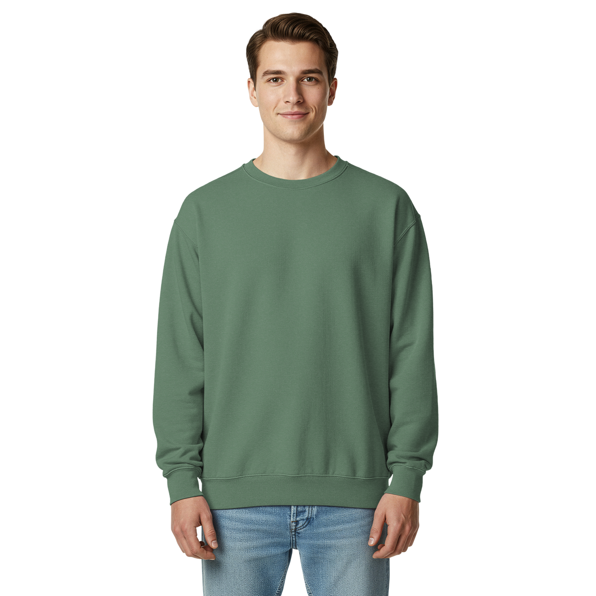 Male-model front supplier mockup showing the blank Light Green crewneck front