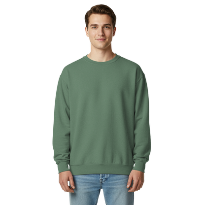 Male-model front supplier mockup showing the blank Light Green crewneck front