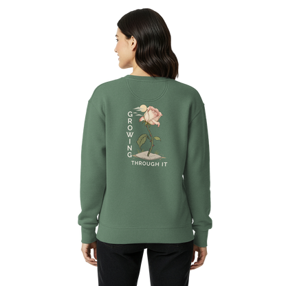 Female-model back supplier mockup showing the Growing Through It rose print
