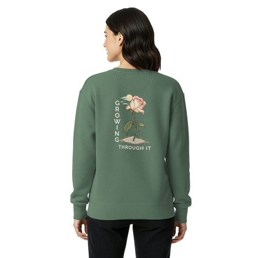 Female-model back supplier mockup showing the Growing Through It rose print