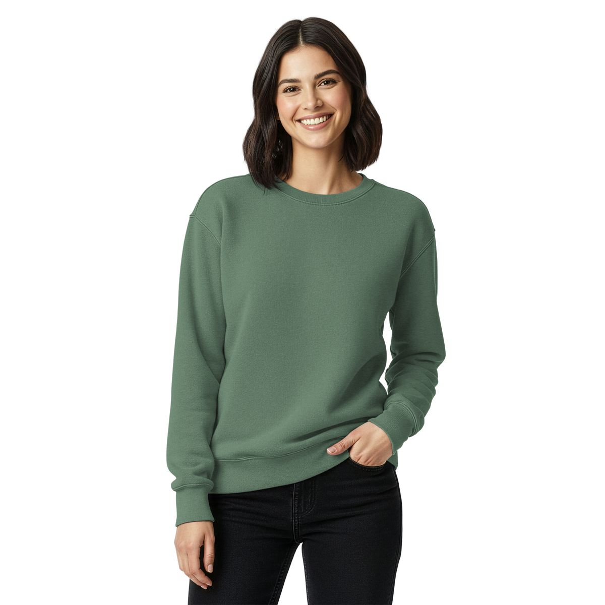 Female-model front supplier mockup showing the blank Light Green crewneck front