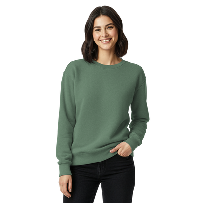 Female-model front supplier mockup showing the blank Light Green crewneck front