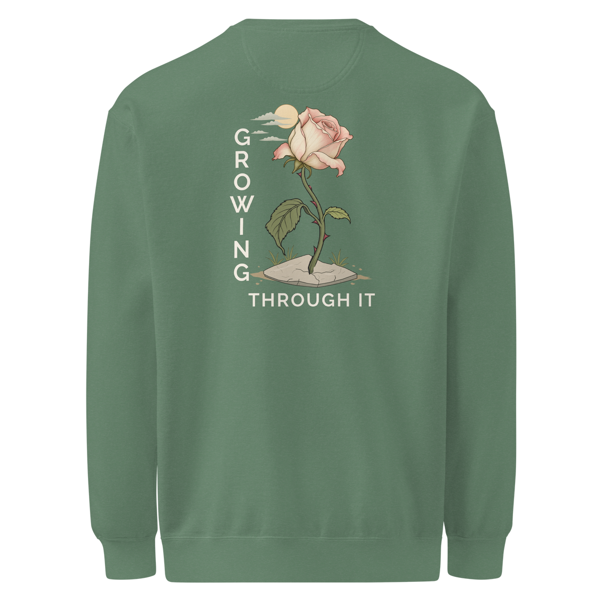 Draped back supplier mockup showing the full rose scene and cream Growing Through It lettering