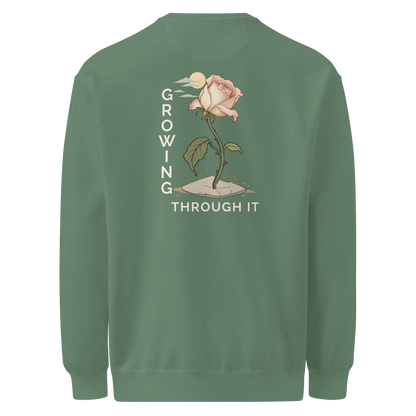 Draped back supplier mockup showing the full rose scene and cream Growing Through It lettering