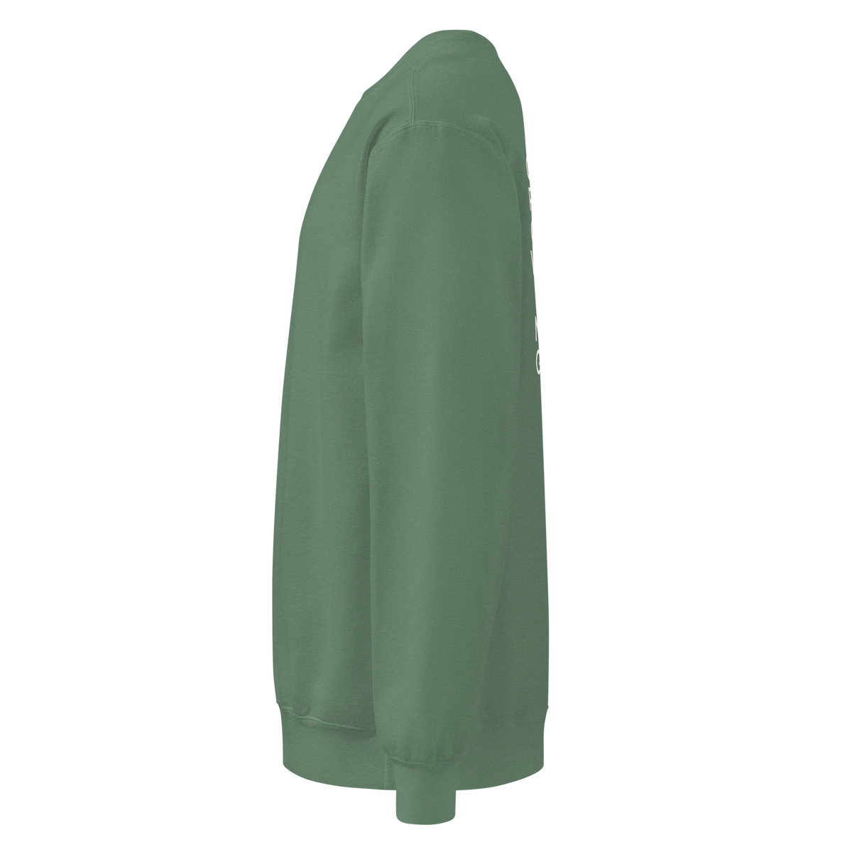 Left-side supplier mockup showing the Light Green crewneck shape and sleeve