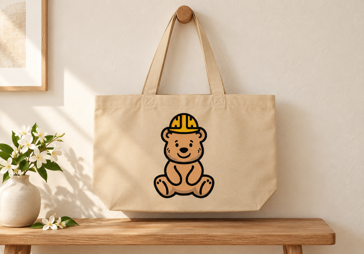 tee bear tote — entryway still life mockup.