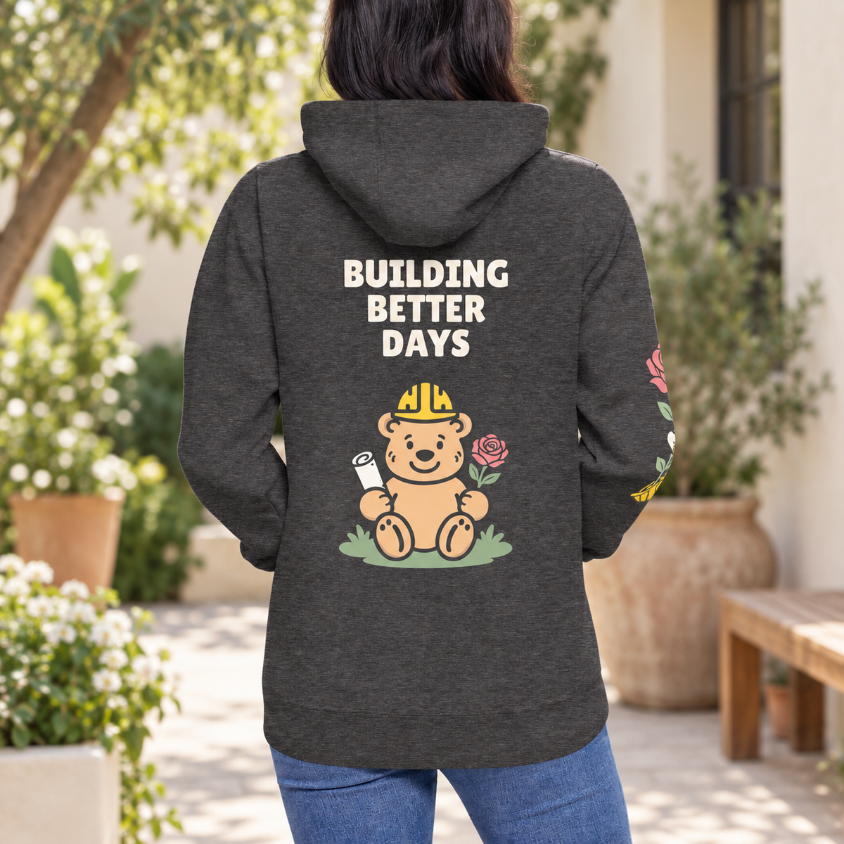 Better Days Rose Graphic Hoodie — Charcoal Heather — back lifestyle view