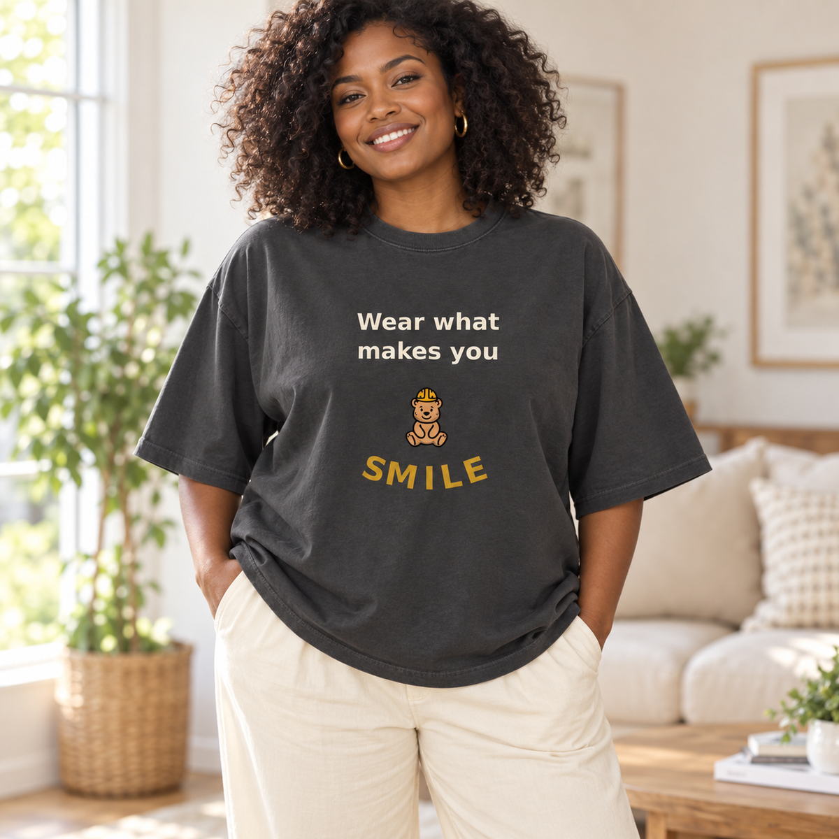 wear what makes you smile oversized tee 2 — home lifestyle mockup.