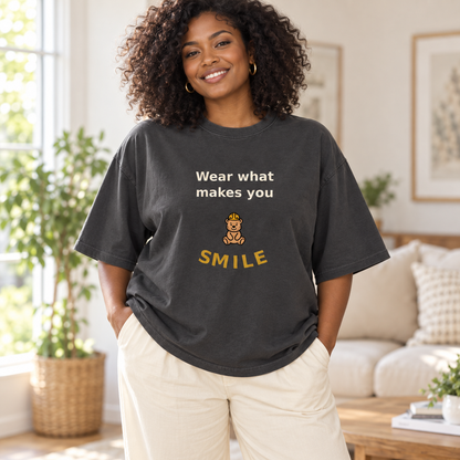 wear what makes you smile oversized tee 2 — home lifestyle mockup.