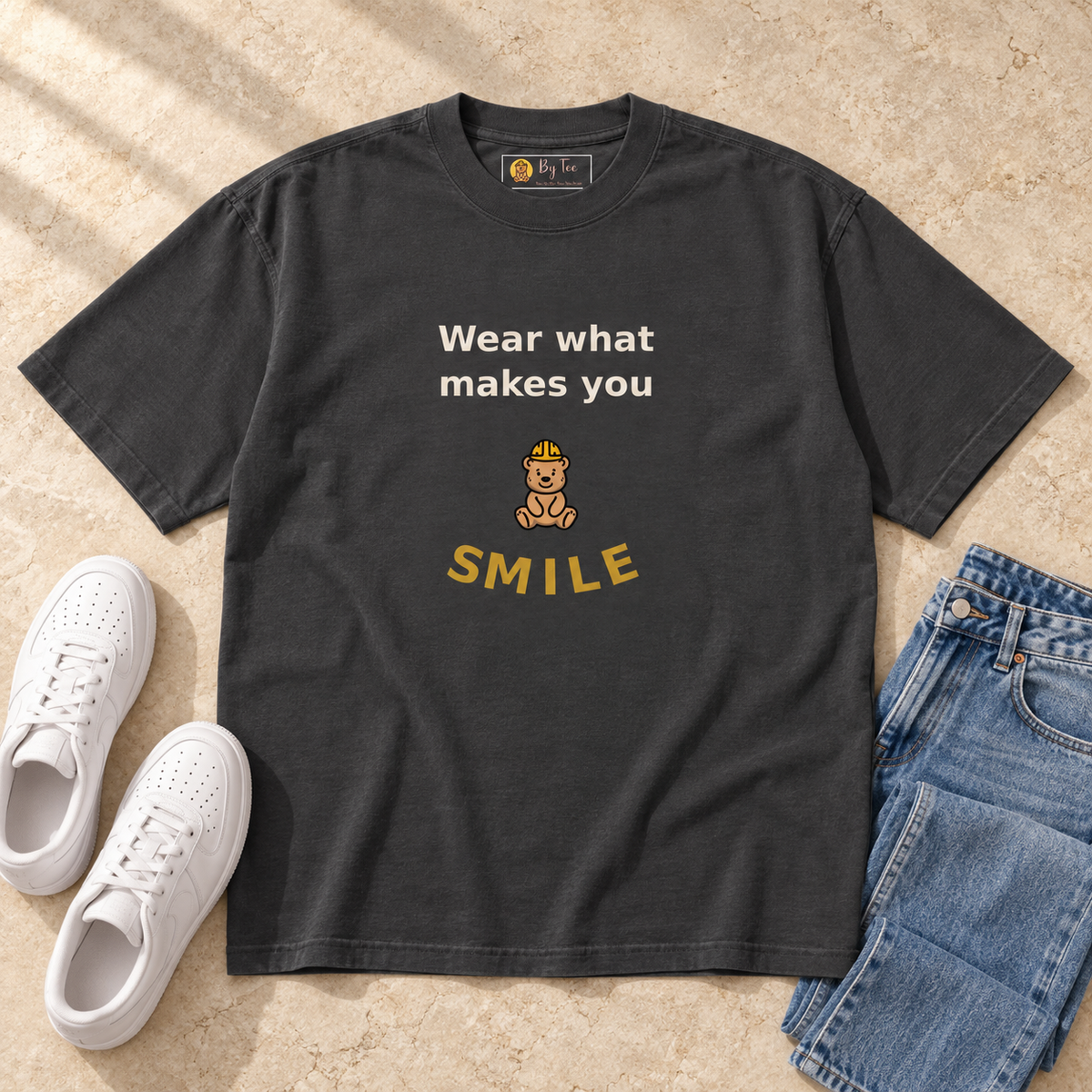 wear what makes you smile oversized tee 2 — outfit flat lay mockup.