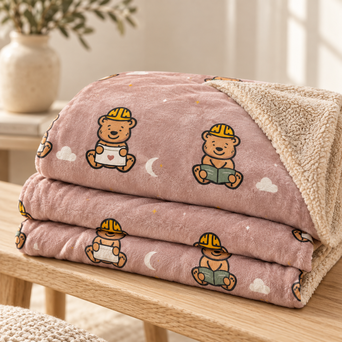 sleepy tee bear sherpa throw blanket dusty blush 50 60 — folded detail mockup.