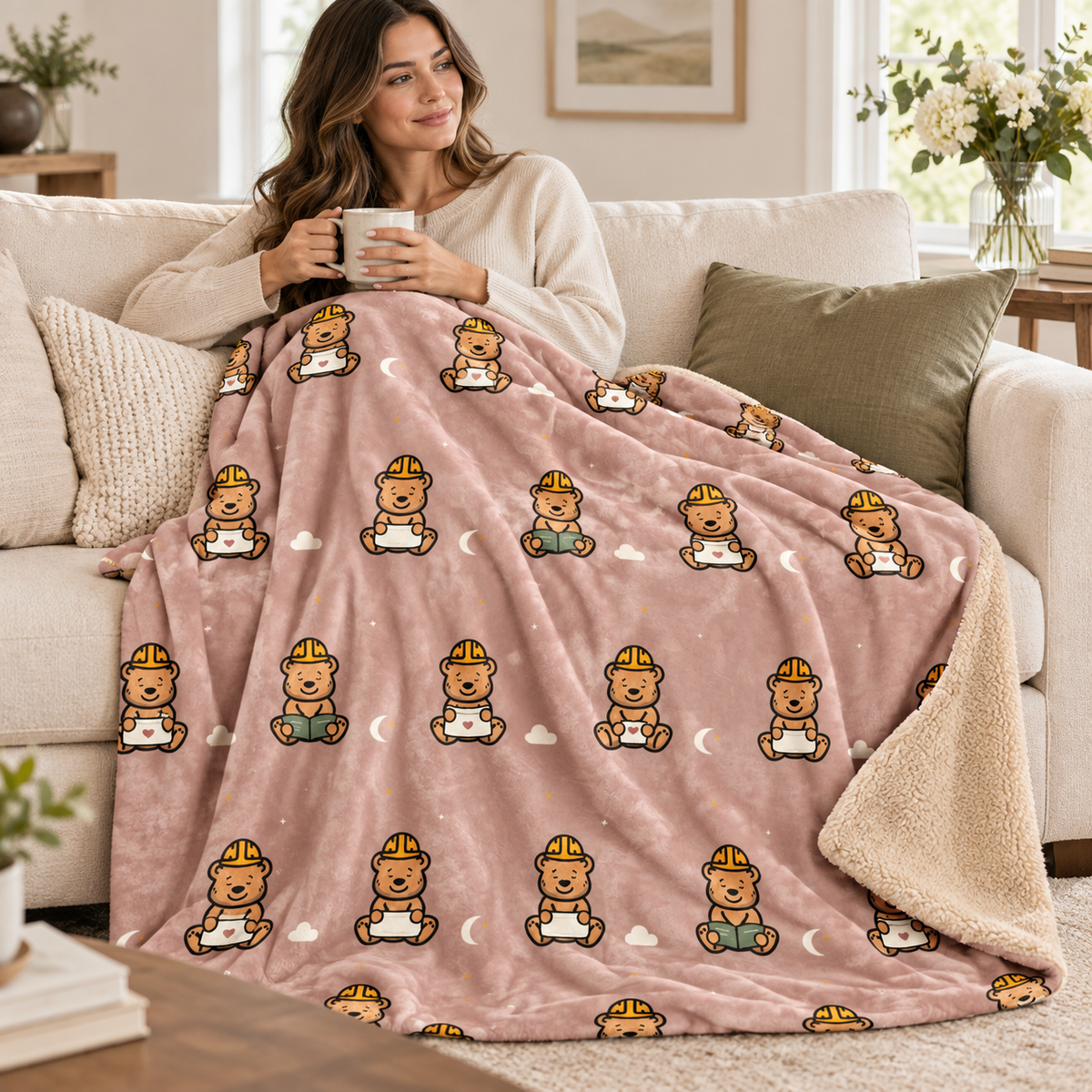 sleepy tee bear sherpa throw blanket dusty blush 50 60 — sofa lifestyle mockup.