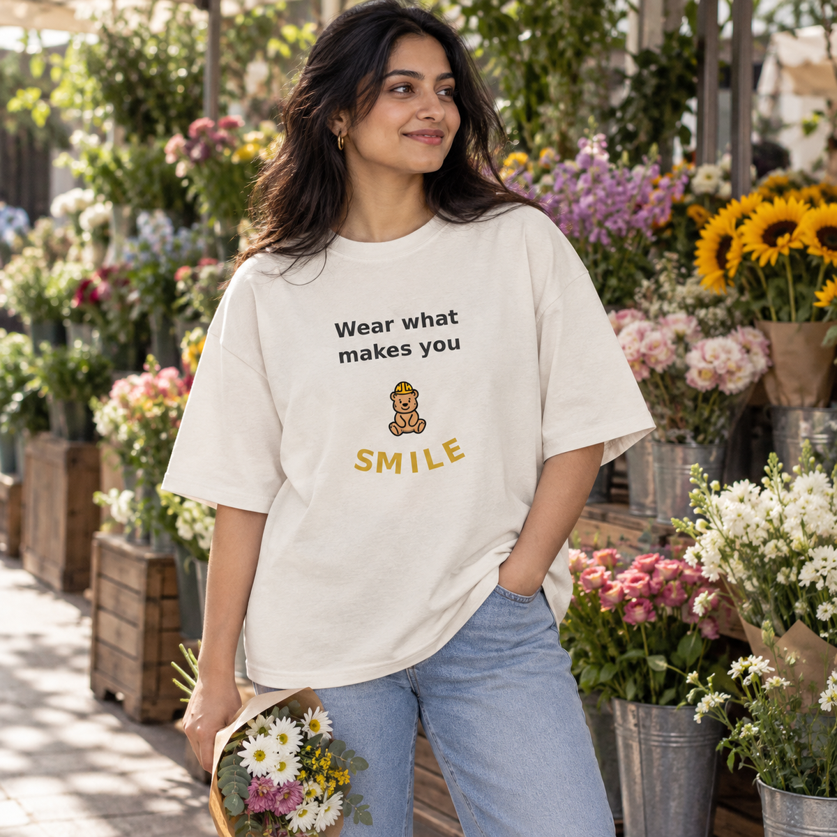 wear what makes you smile oversized tee — flower market mockup.