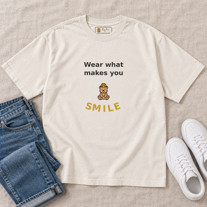 wear what makes you smile oversized tee — outfit flat lay mockup.