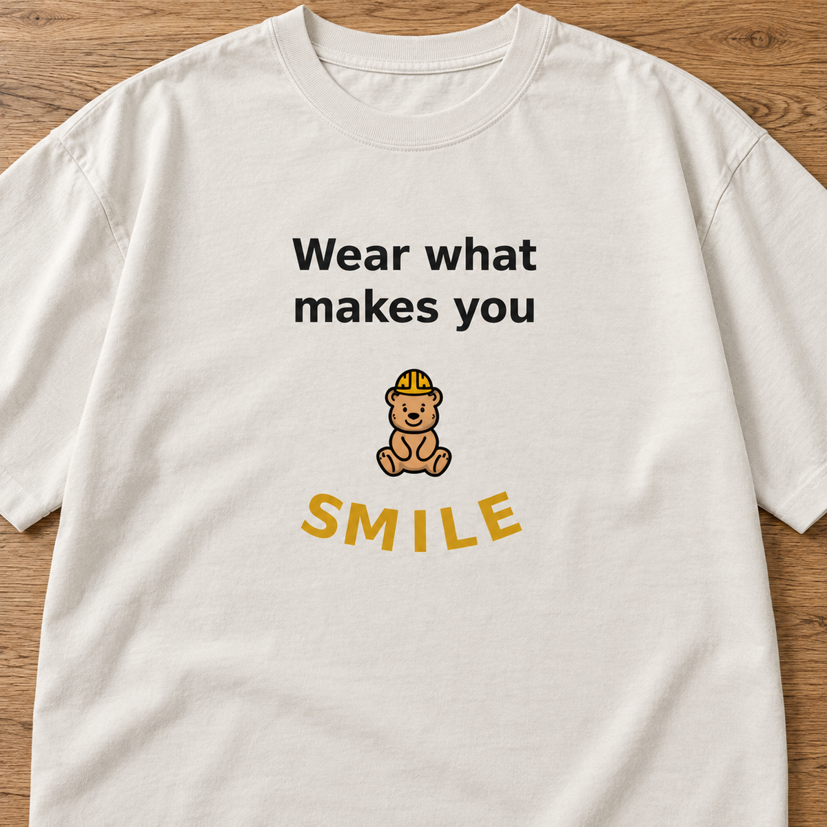 wear what makes you smile oversized tee — print detail mockup.