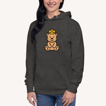 Tee Bear Everyday Hoodie — Charcoal Heather - modeled artwork-side view on off-white background