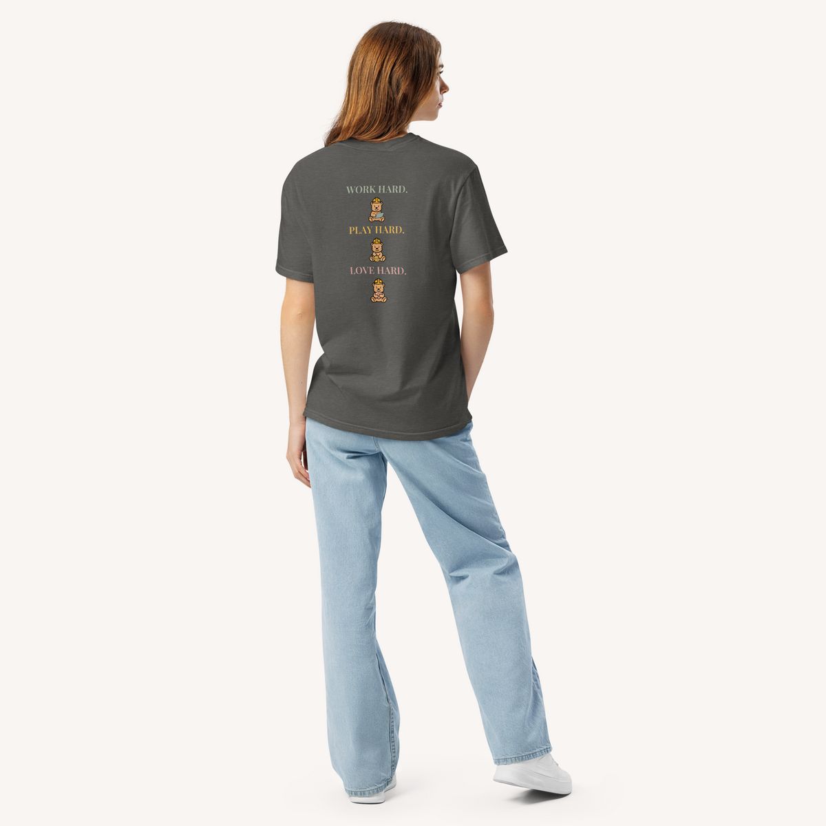 Work Hard Play Hard Love Hard Graphic Tee — Three Bears - modeled artwork-side view on off-white background
