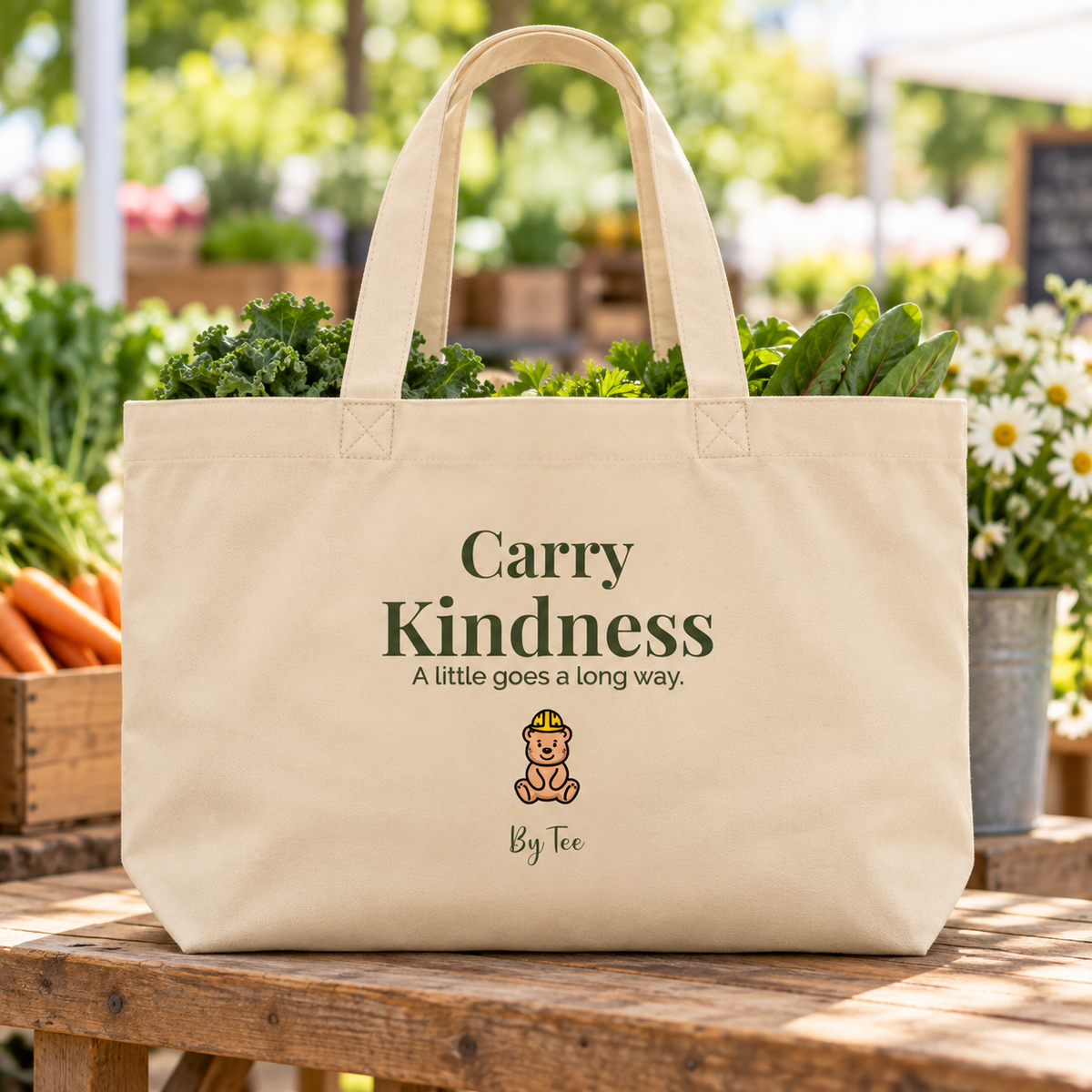 Carry Kindness Tote — Oyster — front artwork in a lifestyle mockup