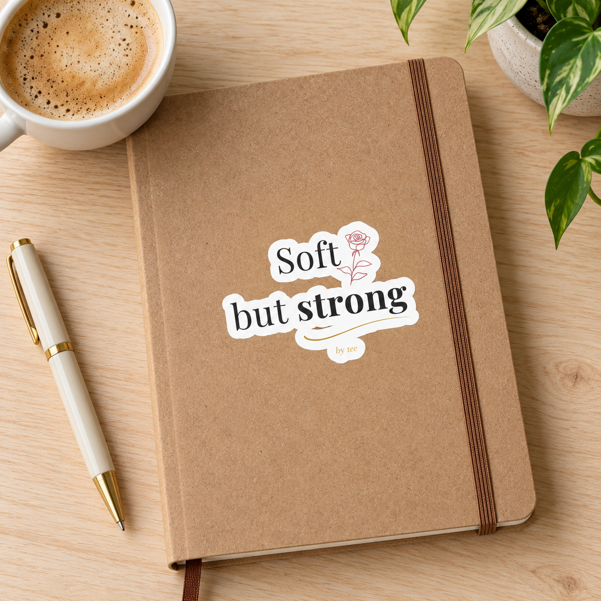 Soft but Strong Sticker — front artwork in a lifestyle mockup