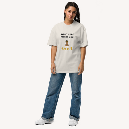 Wear What Makes You Smile Oversized Tee - Faded Bone - front model on off-white background