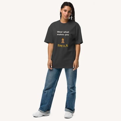 Wear What Makes You Smile Oversized Tee - Faded Black - front model on off-white background