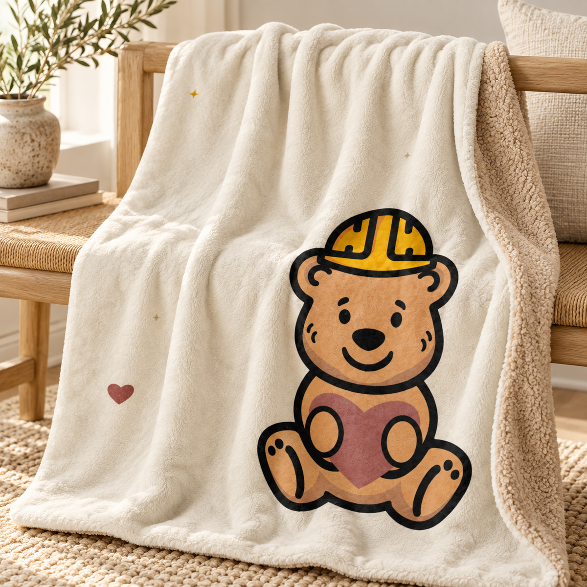 tee bear hug sherpa throw blanket warm cream 50 60 — artwork and sherpa detail mockup.