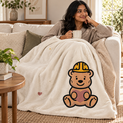 tee bear hug sherpa throw blanket warm cream 50 60 — sofa lifestyle mockup.