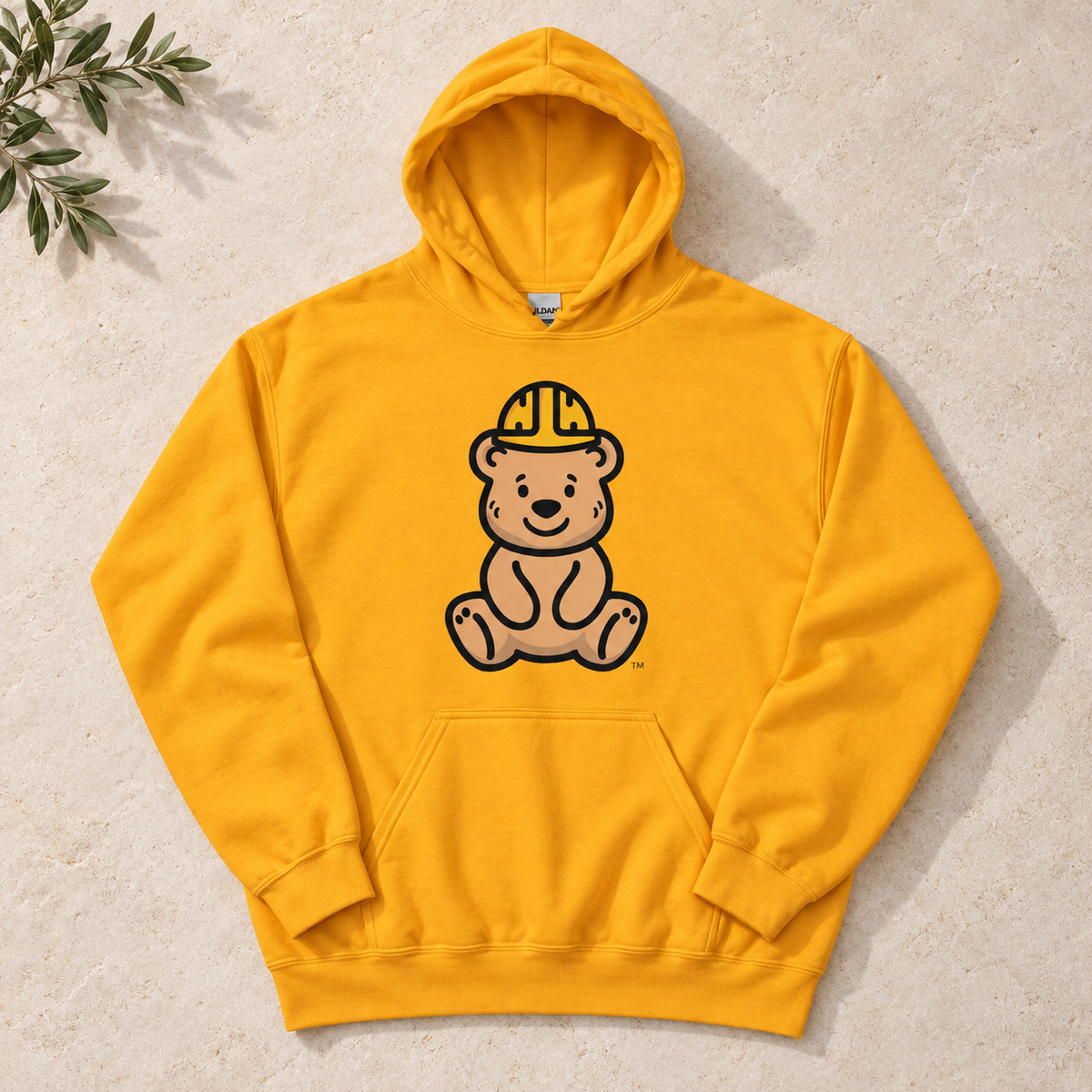 Golden Bear Hug Hoodie — flat lay mockup.