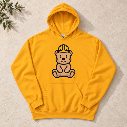 Golden Bear Hug Hoodie — flat lay mockup.