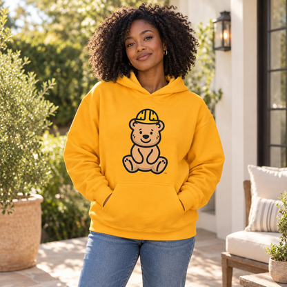 Golden Bear Hug Hoodie — patio lifestyle mockup.