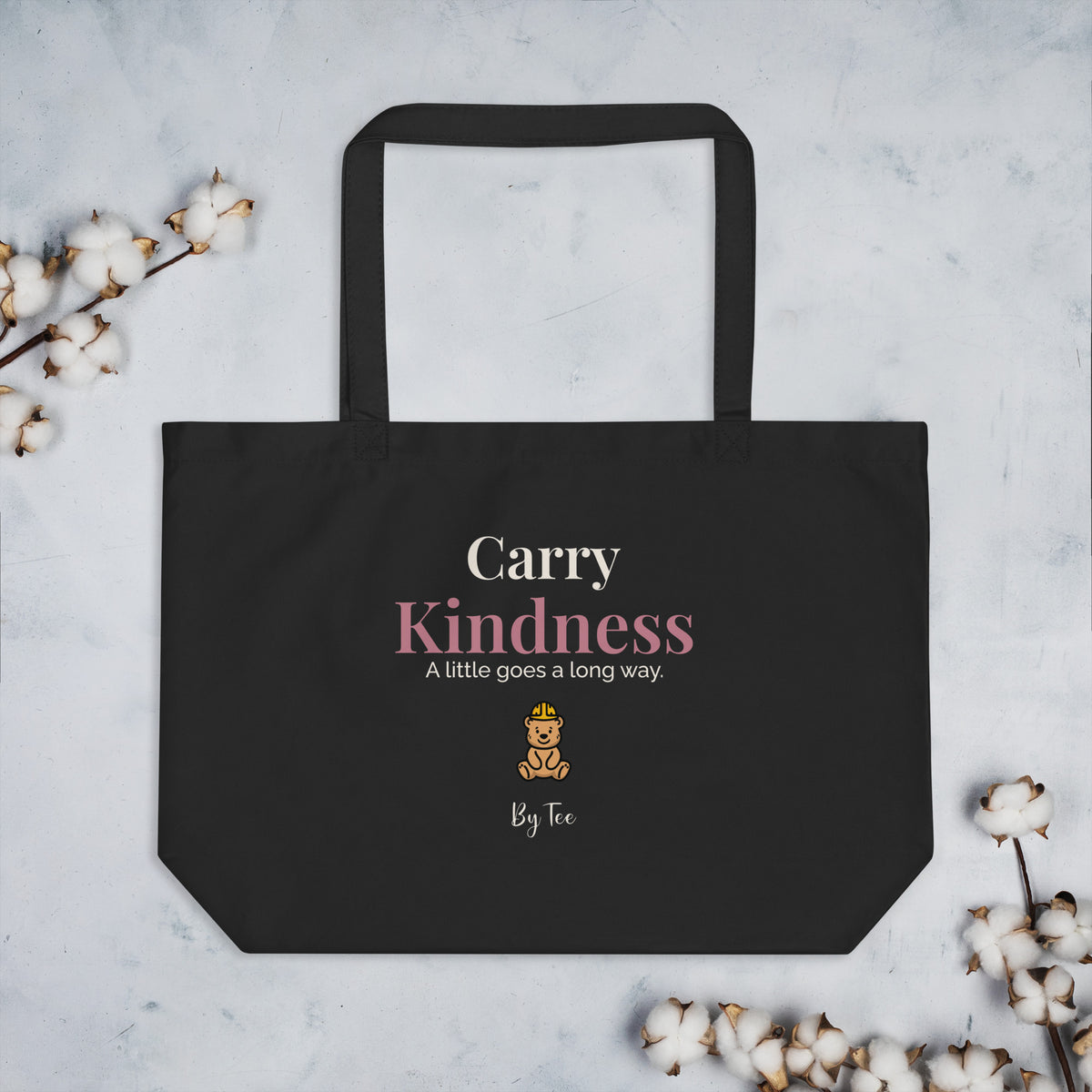 Carry Kindness Tote — Black by By Tee, styled flat-lay