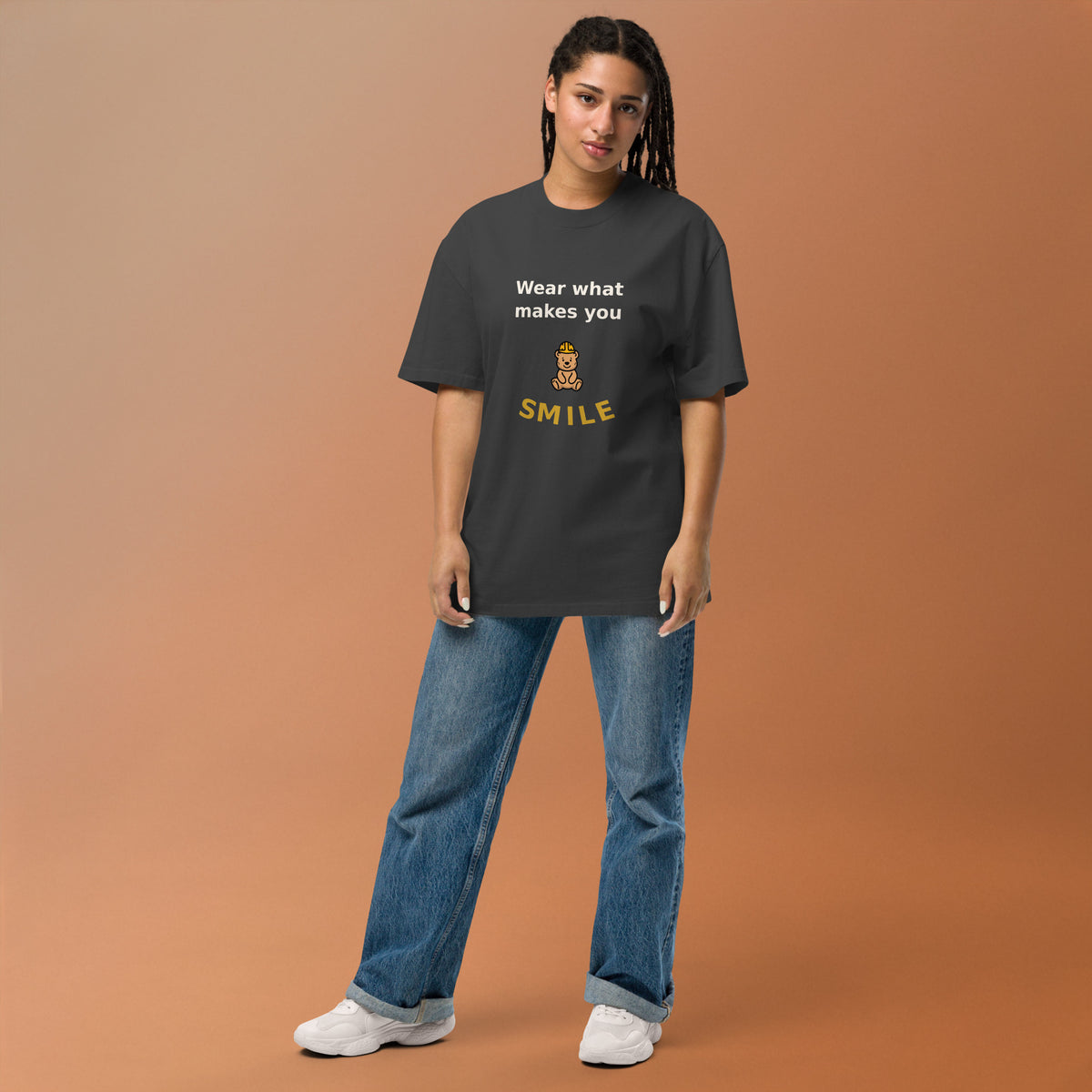Wear What Makes You Smile Oversized Tee — Faded Black by By Tee, women's studio model view