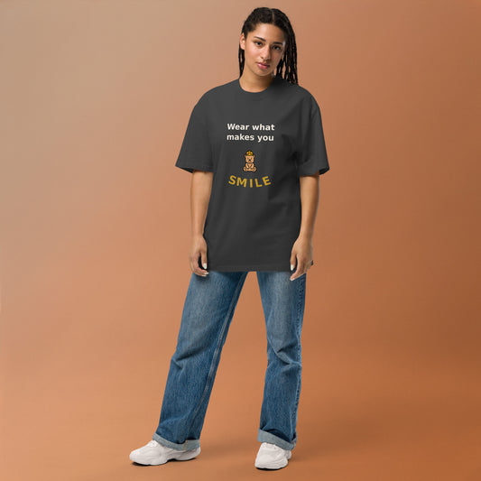 Wear What Makes You Smile Oversized Tee — Faded Black by By Tee, women's studio model view