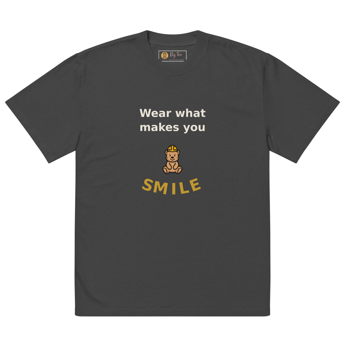 Wear What Makes You Smile Oversized Tee — Faded Black by By Tee, front view on white