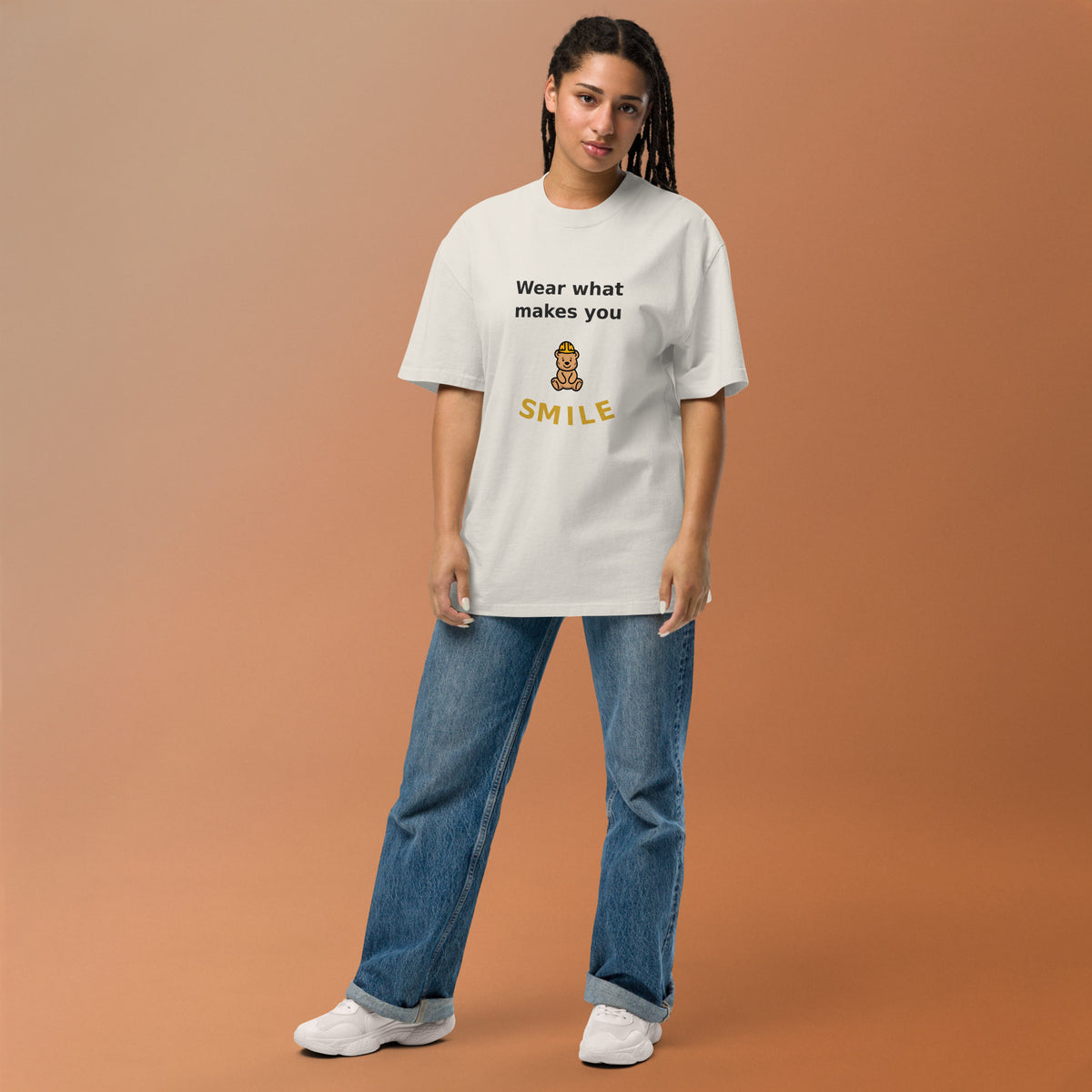 Wear What Makes You Smile Oversized Tee — Faded Bone by By Tee, women's studio model view