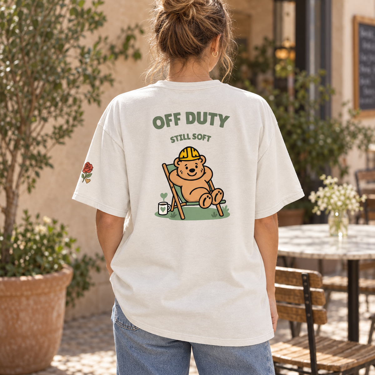 Off Duty Still Soft Oversized Graphic Tee — Faded Bone — back lifestyle view
