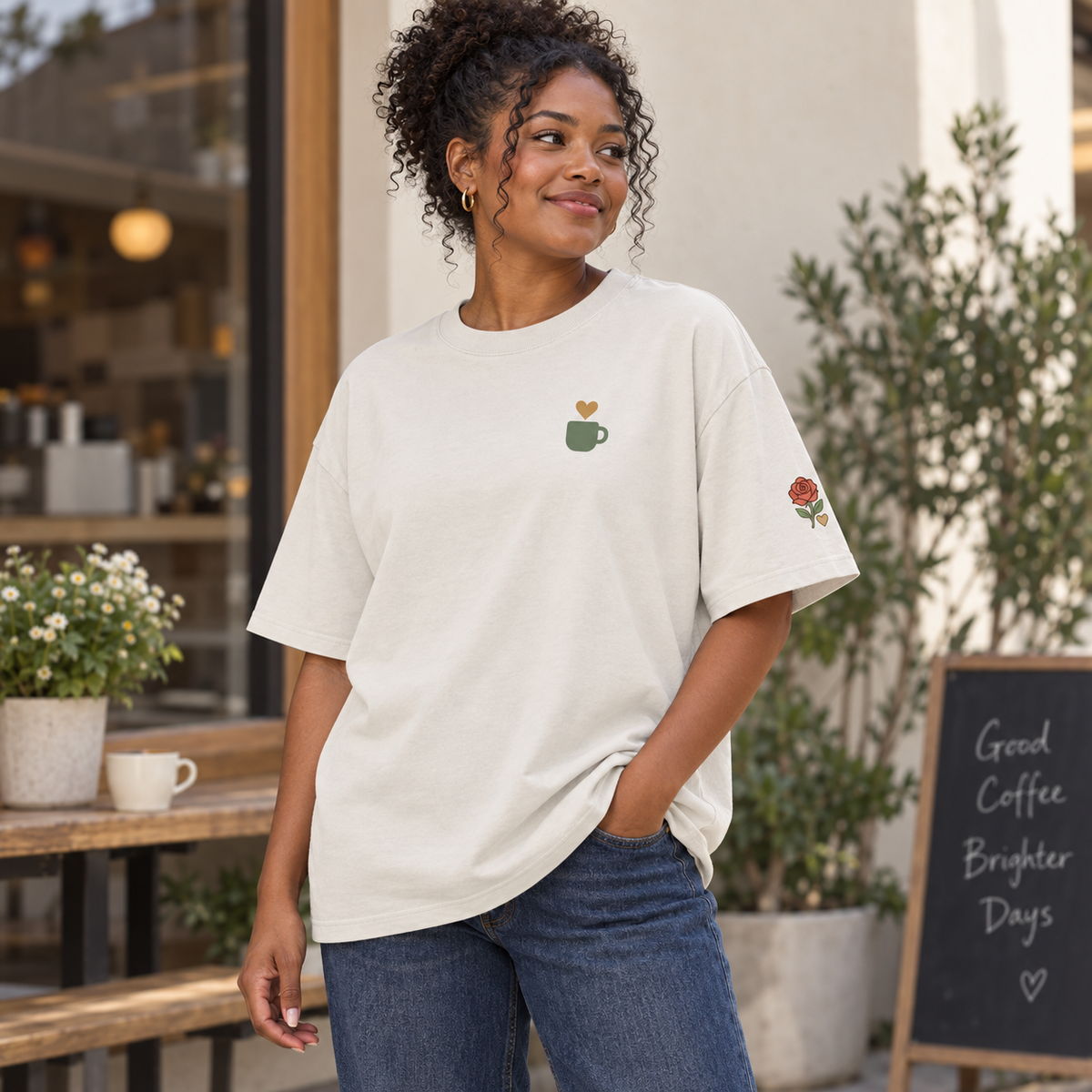 Off Duty Still Soft Oversized Graphic Tee — Faded Bone — front lifestyle view