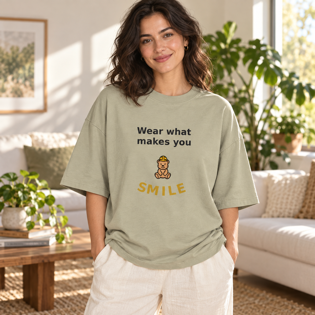 wear what makes you smile oversized tee 1 — home lifestyle mockup.