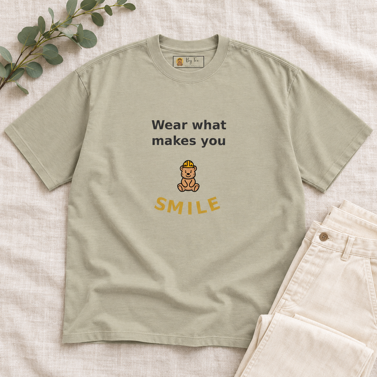 wear what makes you smile oversized tee 1 — outfit flat lay mockup.