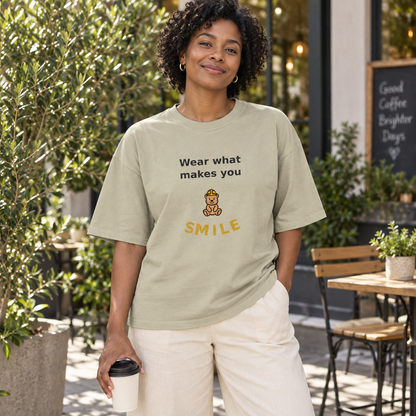 wear what makes you smile oversized tee 1 — patio lifestyle mockup.