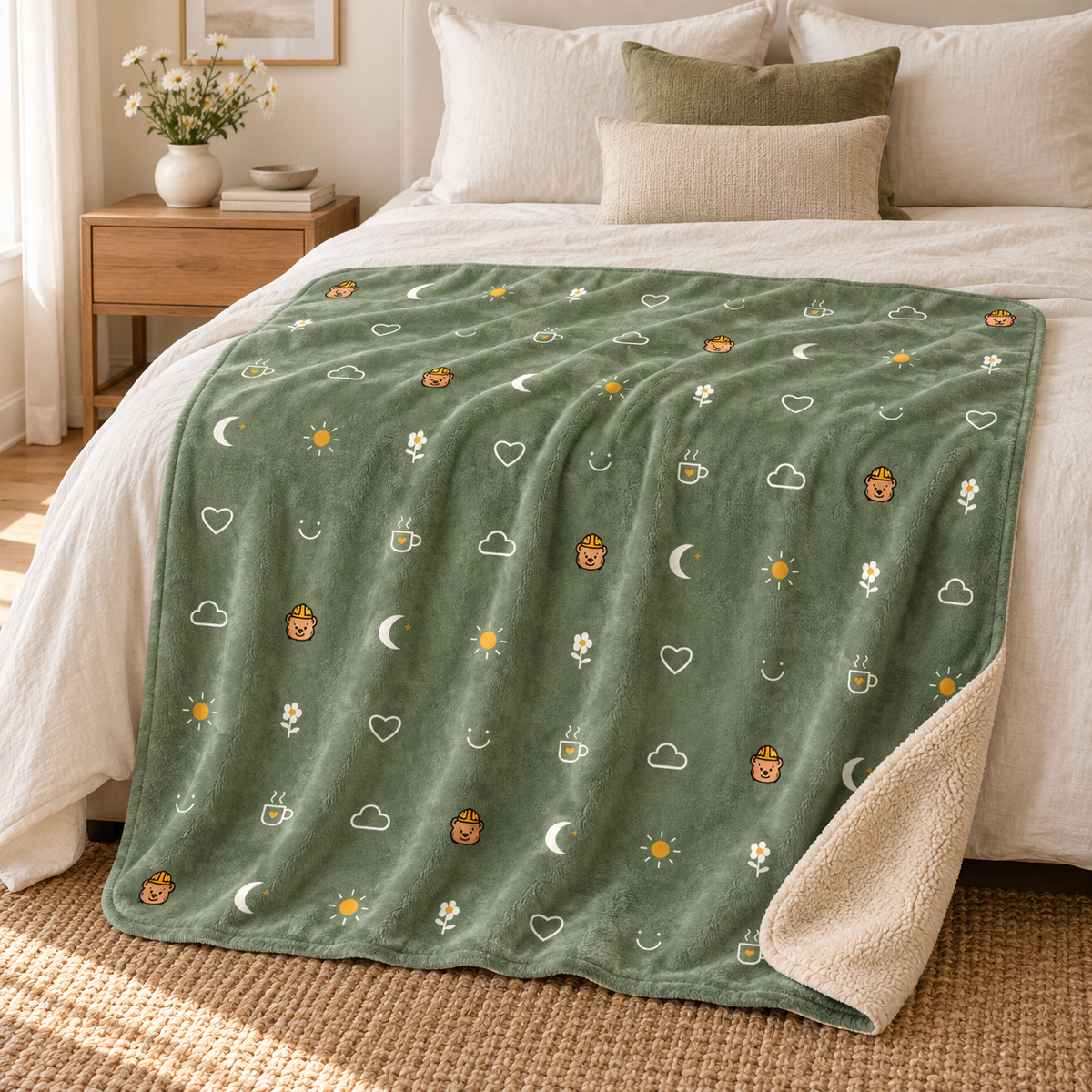 small moments sherpa throw blanket muted sage 50 60 — bedroom styling mockup.
