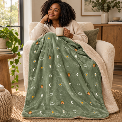 small moments sherpa throw blanket muted sage 50 60 — reading chair lifestyle mockup.